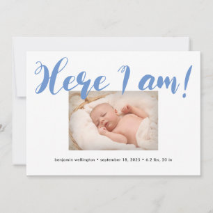 Whimsical-script hier ben ik Blue Boy Birth Aankondiging