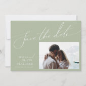 Whimsical Script | Horizontale foto Sage Green Save The Date (Voorkant)