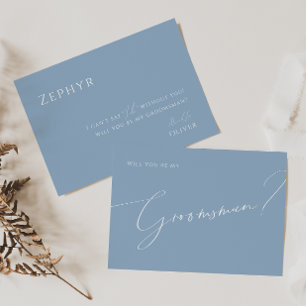 Whimsical Script   Kaart blauw Groomsman-voorstel