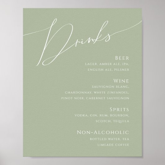 Whimsical Script | Menu Sage Green Wedding Drinken Poster (Voorkant)