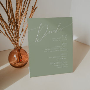 Whimsical Script   Menu Sage Green Wedding Drinken Reclamebord Met Voetstuk