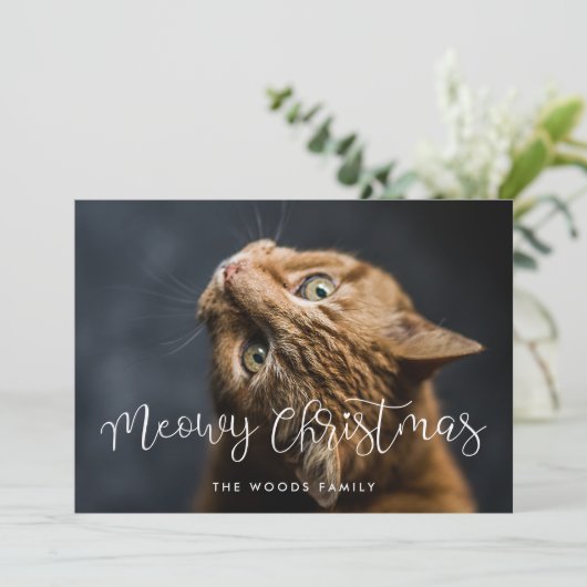 Whimsical Script Meowy Christmas Cat Foto Feestdagenkaart (Staand voorkant)