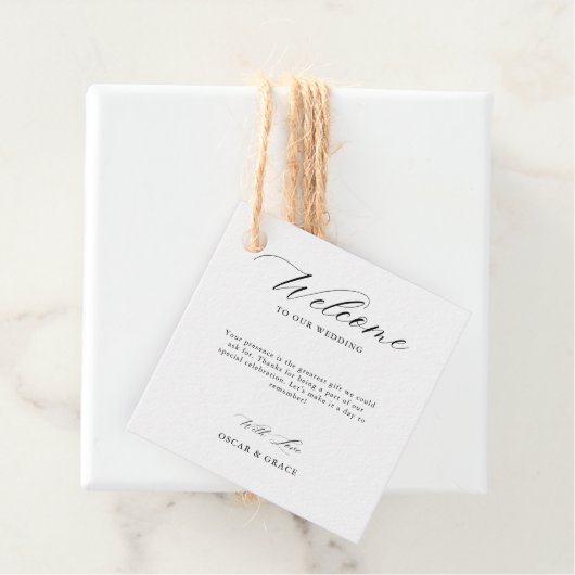 Whimsical Script minimalistisch zwart bruiloft wel Bedankjes Labels (In situ)