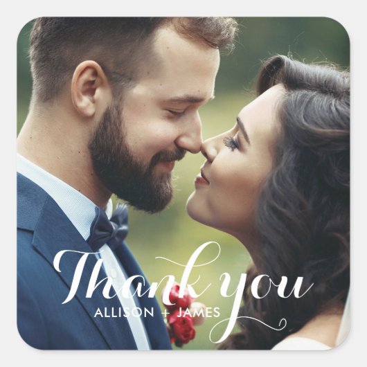 Whimsical Script Modern Wedding Photo Vierkante Sticker (Voorkant)
