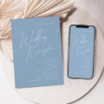 Whimsical Script | Ontvangst van stosterblauwe bru Kaart<br><div class="desc">Introductie van ons verbluffende whimsical script | stoffige uitnodiging voor een blauwe bruiloft, perfect voor uw eenvoudige moderne boho-lenteferentie. Ons elegante ontwerp omvat een levendig helder, pastelkleurpalet met een chic calligraphy script. Of u nu de voorkeur geeft aan een minimalistische of klassieke stijl, ons unieke bewerkbare product biedt luxe en...</div>