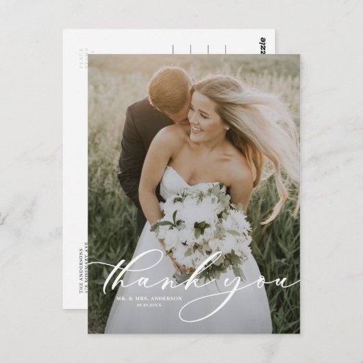 Whimsical Script Overlay Photo Weddenschap Bedankt Briefkaart (Voorkant / Achterkant)