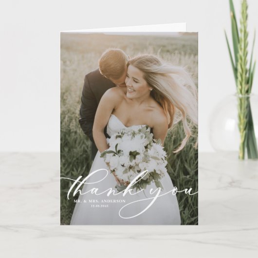 Whimsical Script Overlay Photo Wedding Bedankkaart (Voorkant)