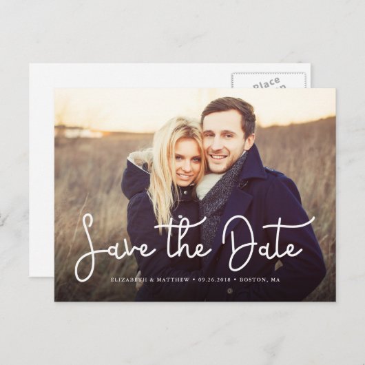 Whimsical Script Photo Wedding Save the Date Aankondigingskaart (Voorkant / Achterkant)