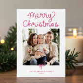 Whimsical Script Pink Bow Christmas 5 Photo Feestdagenkaart