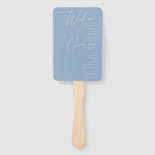Whimsical Script | Programma Dusty Blue Wedding Handwaaier (Voorkant)