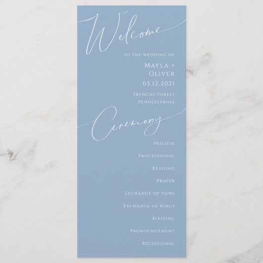 Whimsical Script | Programma Dusty Blue Wedding Programmakaart (Voorkant)