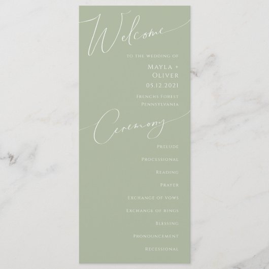 Whimsical Script | Programma Sage Green Wedding Programmakaart (Voorkant)