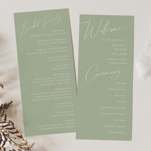 Whimsical Script | Programma Sage Green Wedding Programmakaart