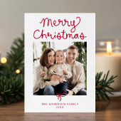 Whimsical Script Red Bow Christmas 2 Photo Feestdagenkaart