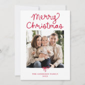 Whimsical Script Red Bow Christmas 2 Photo Feestdagenkaart (Voorkant)