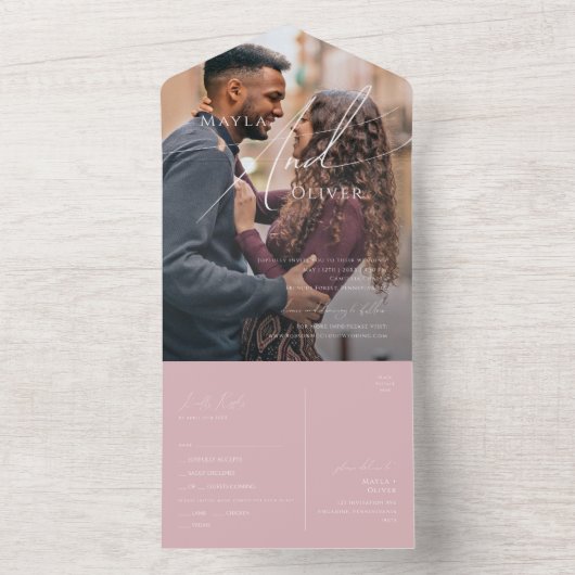 Whimsical Script | Roos Casual Fotozegel en Verzen All In One Uitnodiging (Binnen)