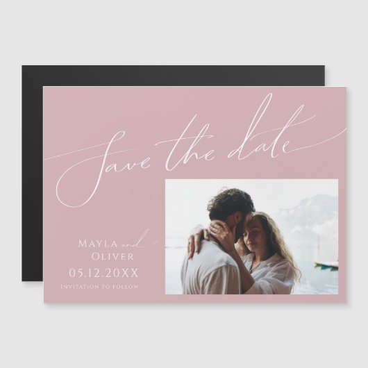 Whimsical Script | Roos horizontaal sparen de datu Magnetische Uitnodiging (Voorkant / Achterkant)