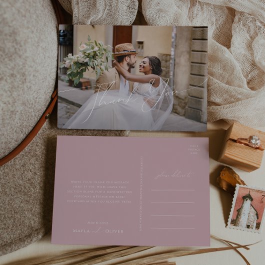 Whimsical Script | Roos horizontale foto bedankt Briefkaart