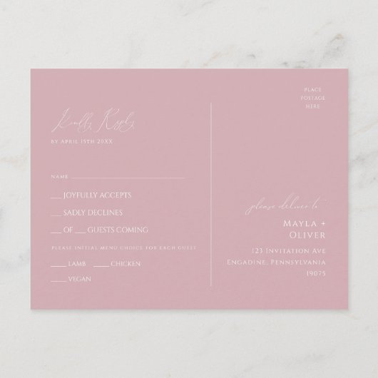 Whimsical Script | Roos Menu Keuze RSVP-Briefkaart (Achterkant)