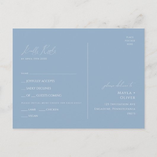 Whimsical Script | RSVP-Briefkaart met blauwe menu (Achterkant)