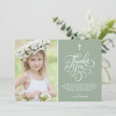 Whimsical Script Sage Eerste Heilige Communie Foto Bedankkaart (Staand voorkant)