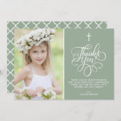 Whimsical Script Sage Eerste Heilige Communie Foto Bedankkaart (Voorkant / Achterkant)
