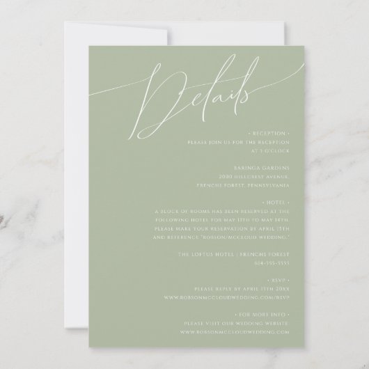 Whimsical Script | Sage Green All-in-One Weddensch Kaart (Achterkant)