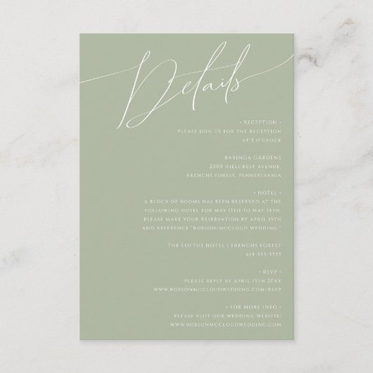 Whimsical Script | Sage Green-gegevens Informatiekaartje (Voorkant)