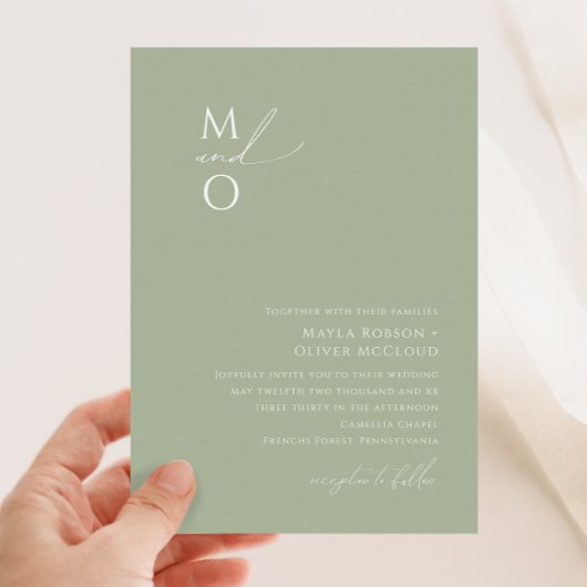 Whimsical Script | Sage Green Monogram Weddenschap Kaart