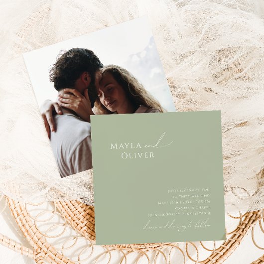 Whimsical Script | Sage Green Photo Square Wedding Kaart