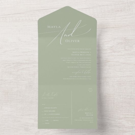 Whimsical Script | Sage Green Seal and Send All In One Uitnodiging (Binnen)
