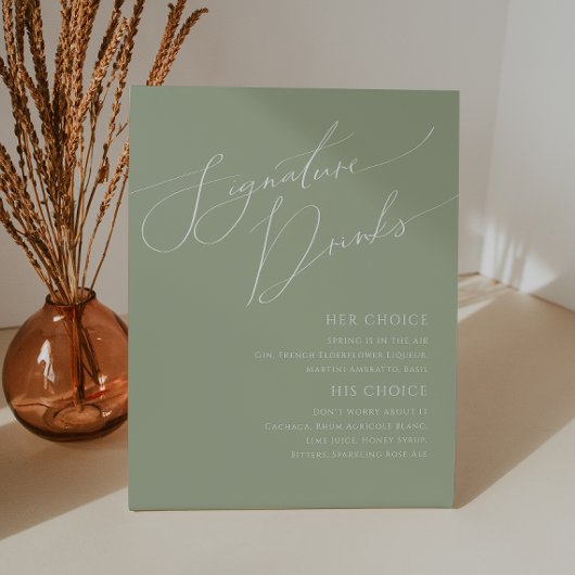 Whimsical Script | Sage Green Signature Drinken Reclamebord Met Voetstuk