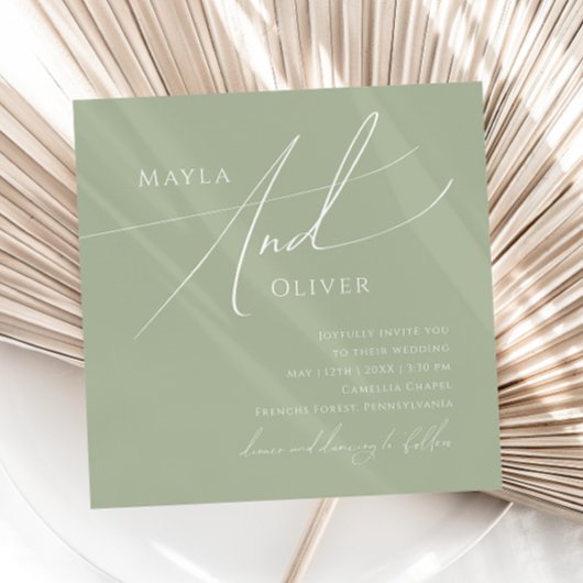 Whimsical Script | Sage Green Square Wedding Kaart