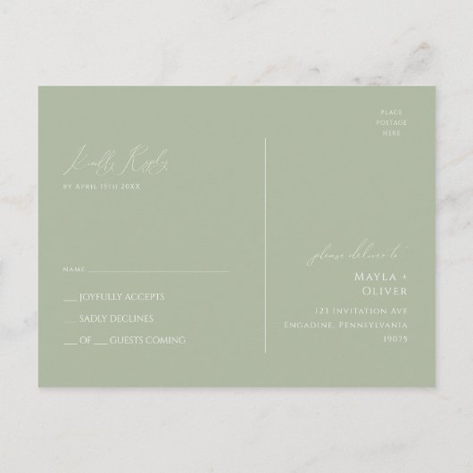 Whimsical Script | Sage Green Wedding RSVP Briefkaart (Achterkant)