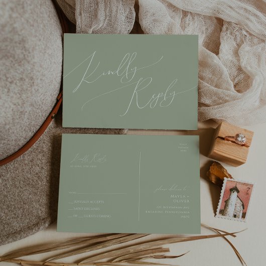 Whimsical Script | Sage Green Wedding RSVP Briefkaart