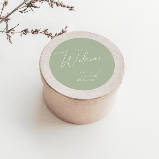 Whimsical Script | Sage Green Wedding Welcome Ronde Sticker