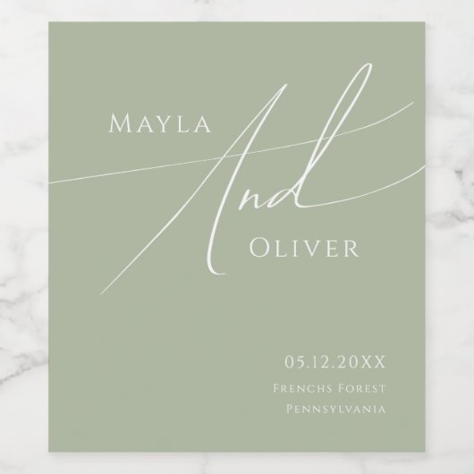 Whimsical Script | Sage Green Wedding Wijn Etiket (Enkel label)