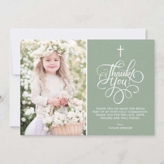 Whimsical Script Sage Groen Eerste Heilige Communi Bedankkaart (Voorkant)