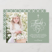 Whimsical Script Sage Groen Eerste Heilige Communi Bedankkaart (Voorkant / Achterkant)