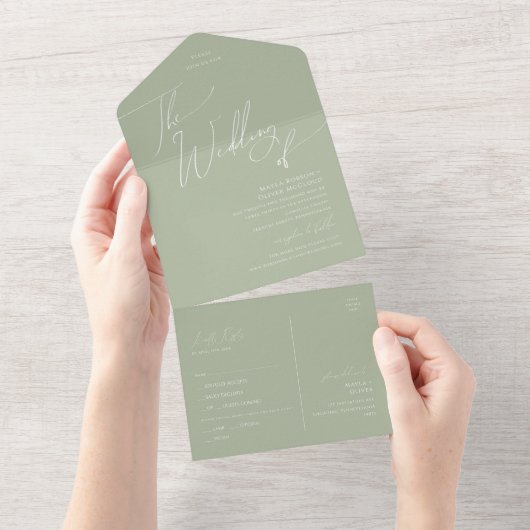 Whimsical Script | Sage Wedding van zegel en vervo All In One Uitnodiging (Afscheurbaar)