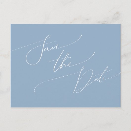 Whimsical Script | Stamblauw sparen de datum Uitnodiging Briefkaart (Voorkant)