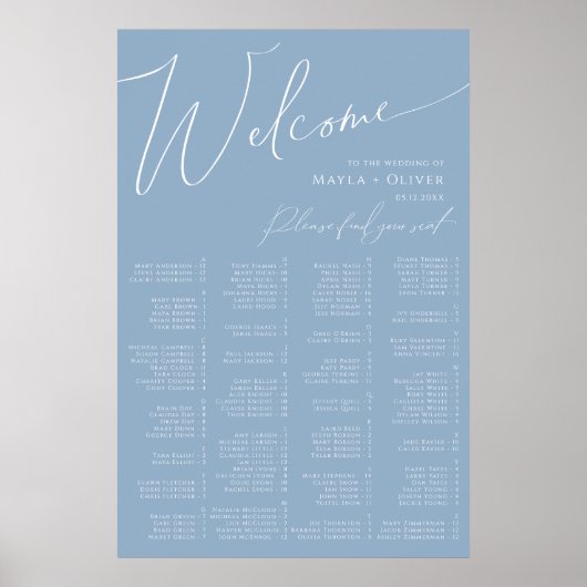 Whimsical Script | Stamblauwe alfabetische zitplaa Poster (Voorkant)