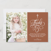 Whimsical Script Terracotta Eerste Communie Foto Bedankkaart (Voorkant)