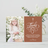 Whimsical Script Terracotta Eerste Communie Foto Bedankkaart (Staand voorkant)