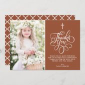 Whimsical Script Terracotta Eerste Communie Foto Bedankkaart (Voorkant / Achterkant)