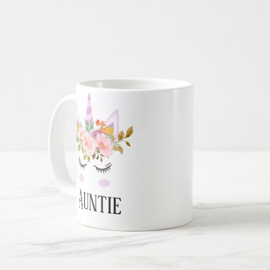 Whimsical script unicorn floral auntie koffiemok (Voorkant links)