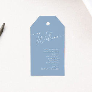 Whimsical Script Welkom Dusty Blue Wedding Cadeaulabel