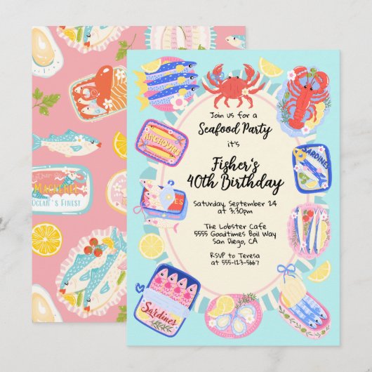 Whimsical Seafood geblikte sardines Feest Kaart (Voorkant / Achterkant)