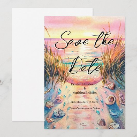 Whimsical Seashells Beach Wedding Save The Date (Voorkant / Achterkant)