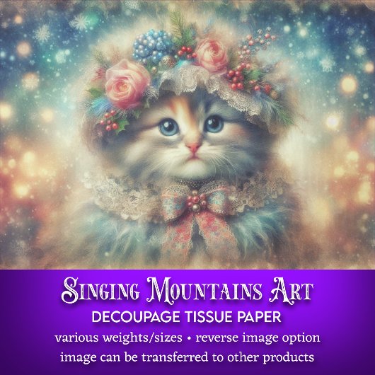 Whimsical Shabby Chic Winter Cat Decoupage Tissuepapier